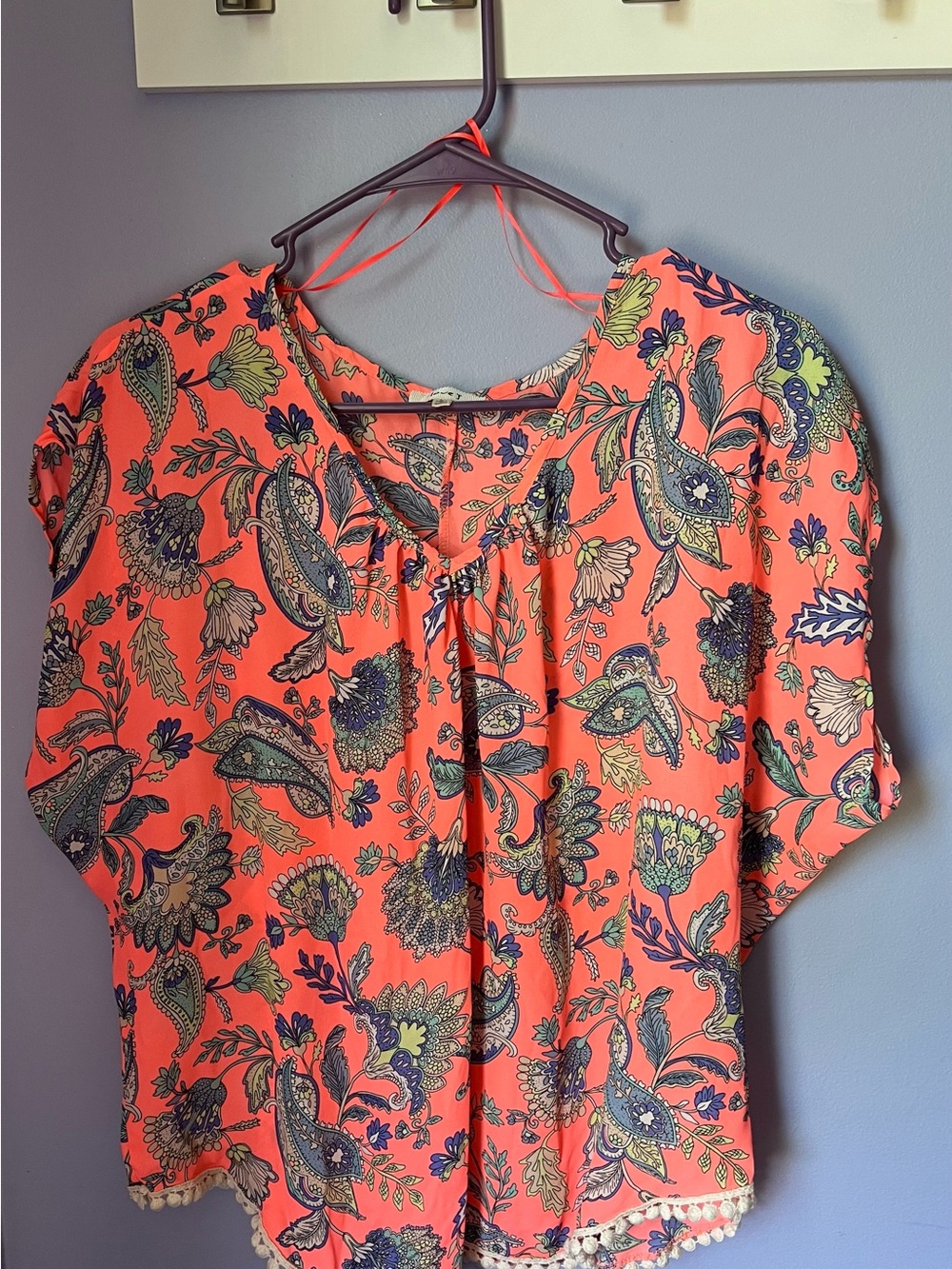 love J Coral Paisley Floral Short Sleeve Blouse